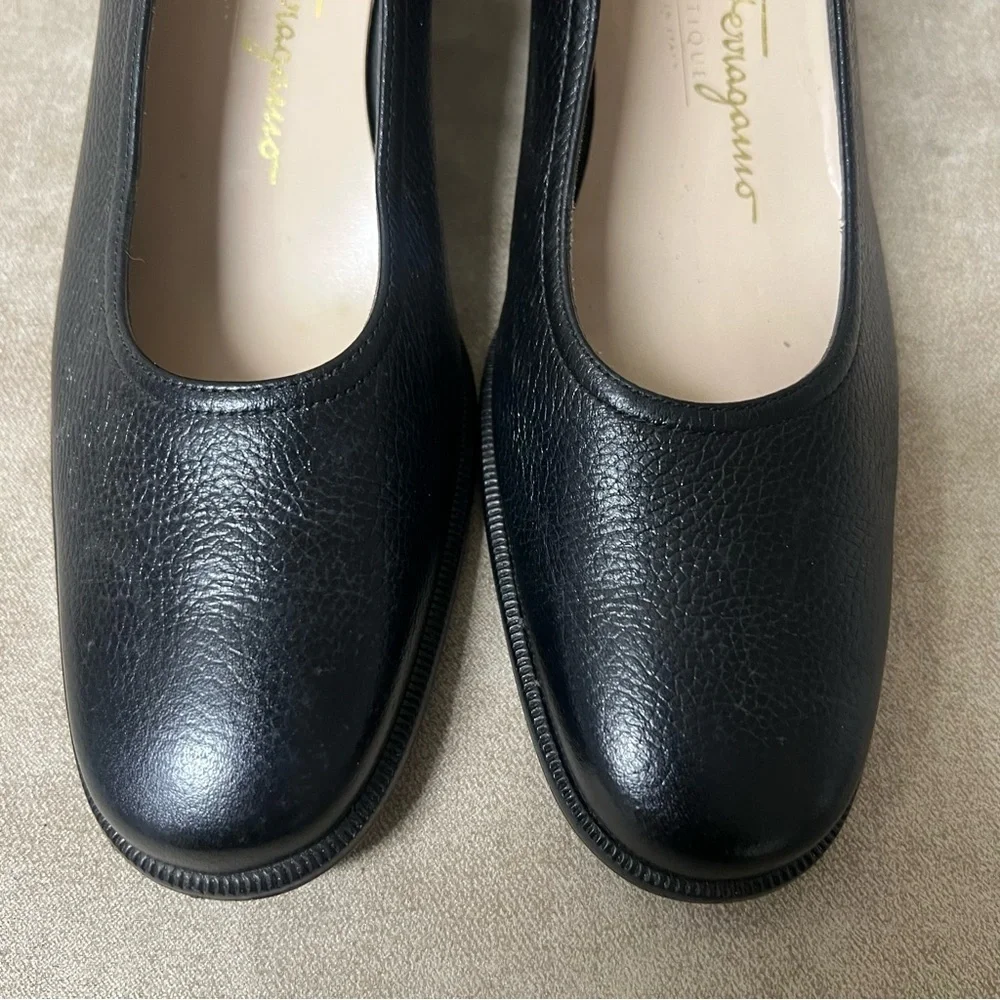 Salvatore Ferragamo Wedge Heels Womens Sz 7 Black Leather Slip On Shoes Pumps